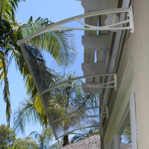Solid polycarbonate window awnings for homes and businesses, featuring PN Series and PS Series designs
