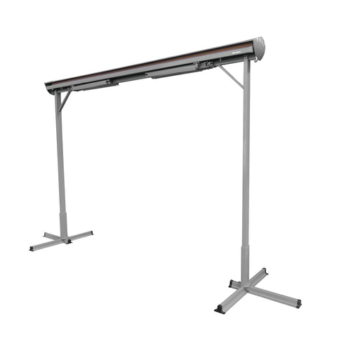 Free-standing awning system for flexible outdoor shade without wall mounting.