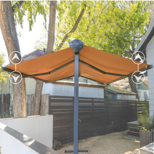 Free-standing awning system for flexible outdoor shade without wall mounting.