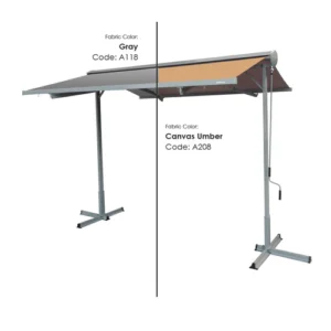 Free-standing awning system for flexible outdoor shade without wall mounting.