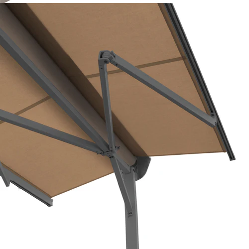 Free-standing awning system for flexible outdoor shade without wall mounting.