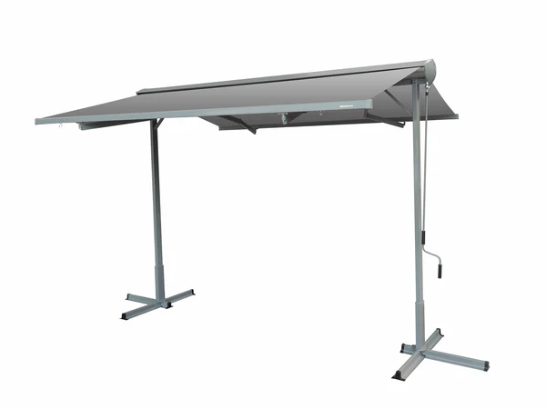 Free-standing awning system for flexible outdoor shade without wall mounting.