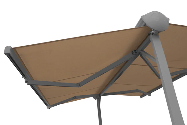 Free-standing awning system for flexible outdoor shade without wall mounting.
