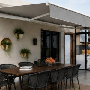 Premium retractable awnings for patios and outdoor spaces, featuring Half-Cassette and Deluxe Full-Cassette models