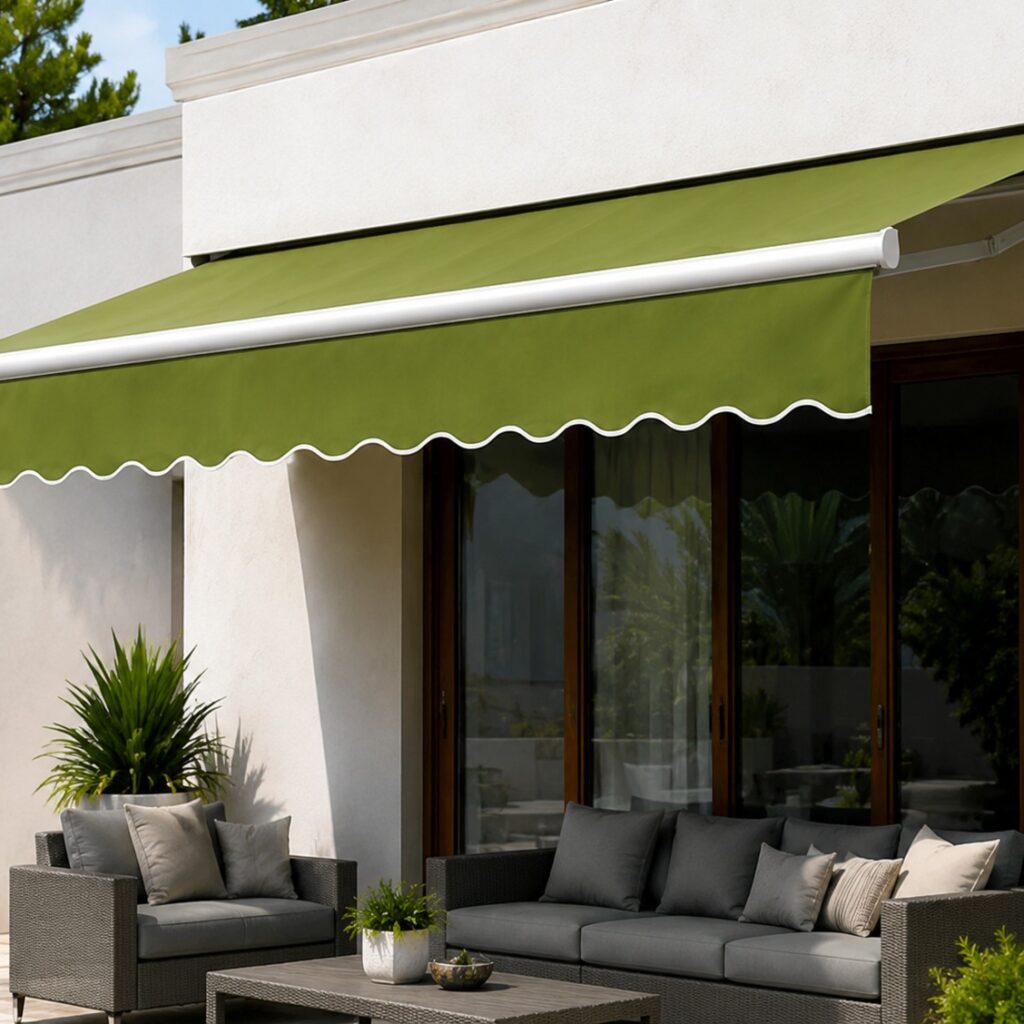 Premium retractable awnings for patios and outdoor spaces, featuring Half-Cassette and Deluxe Full-Cassette models