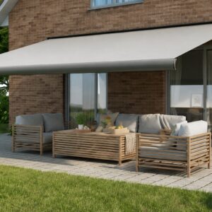 Premium retractable awnings for patios and outdoor spaces, featuring Half-Cassette and Deluxe Full-Cassette models