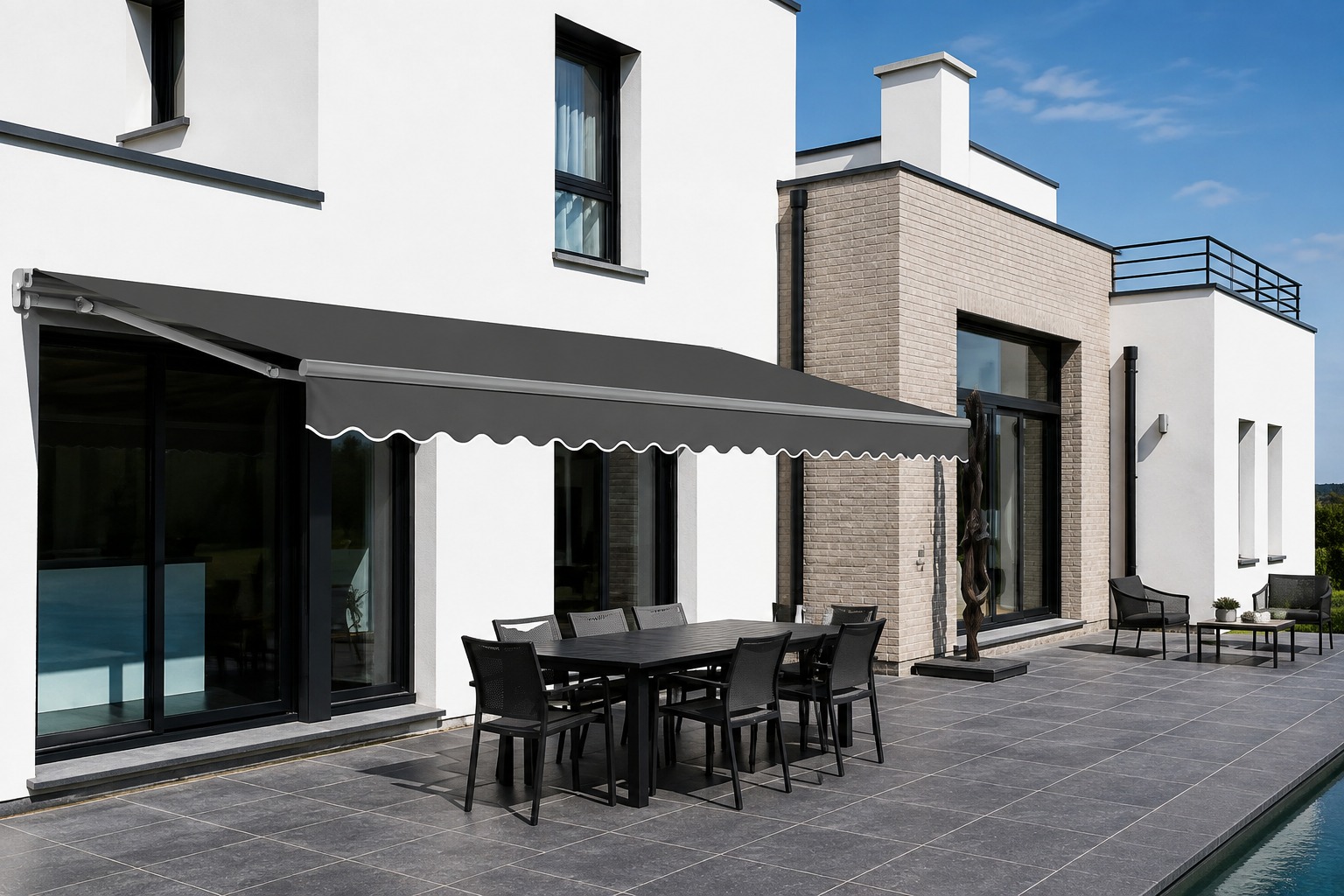 Premium retractable awnings for patios and outdoor spaces, featuring Half-Cassette and Deluxe Full-Cassette models